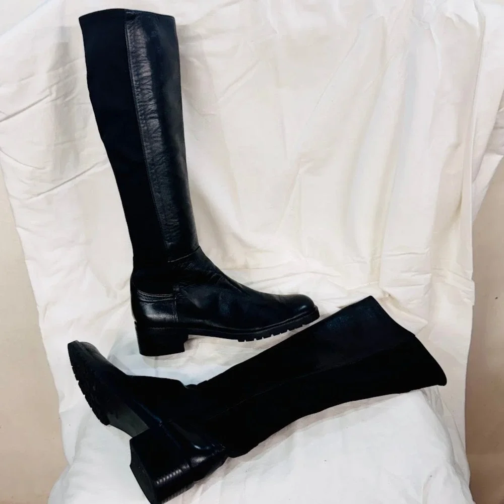 Stuart Weitzman Black Leather Knee High Boots Stretch Panel Riding Boots Sz 8.5